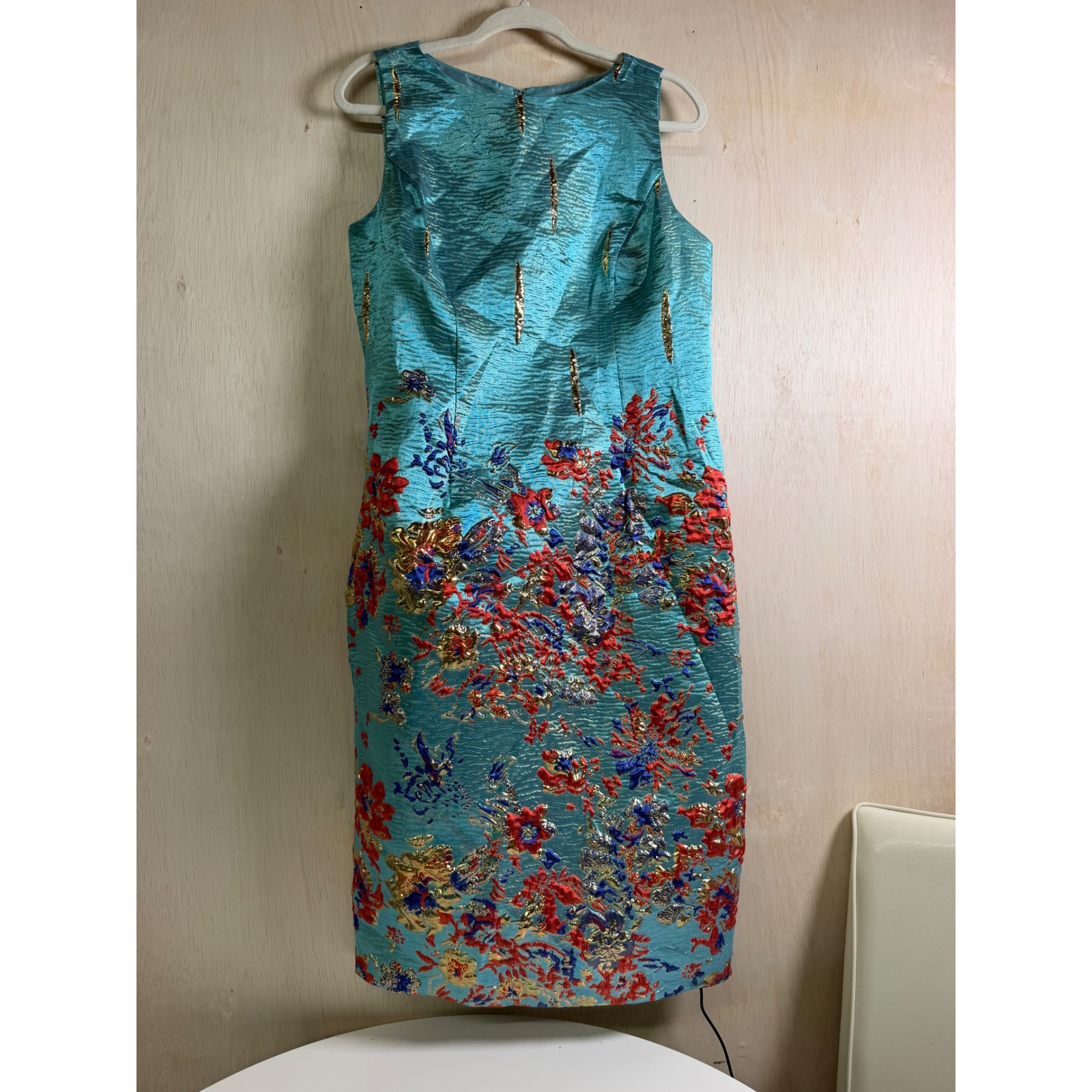 Ashro Floral Brocade Sheath Dress Women Size 10 Turquoise Gold Excellent Elegant